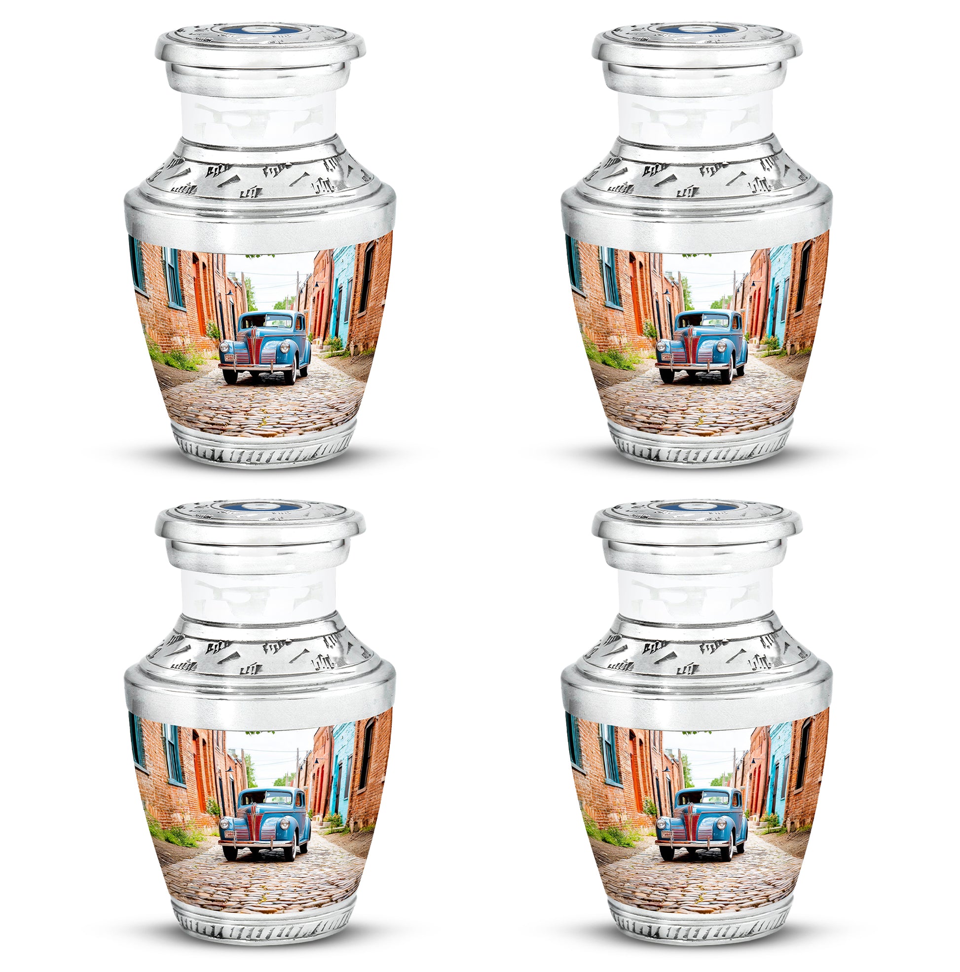 Sterling Silver Car Cremation Urn back view with polished surface - modern art-inspired car motif on sleek aluminum - 10 inch aluminum urn for cremated remains