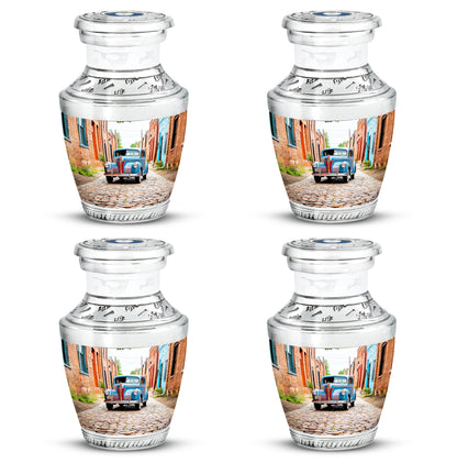Sterling Silver Car Cremation Urn back view with polished surface - modern art-inspired car motif on sleek aluminum - 10 inch aluminum urn for cremated remains