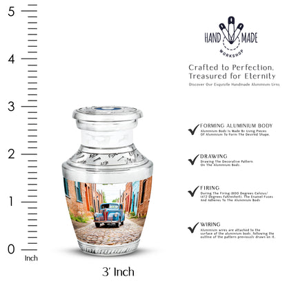 Satin Silver Car Cremation Urn top-down view of secure threaded lid - contemporary car design with modern artistic flair - mini keepsake memorial for portion of cremation ashes