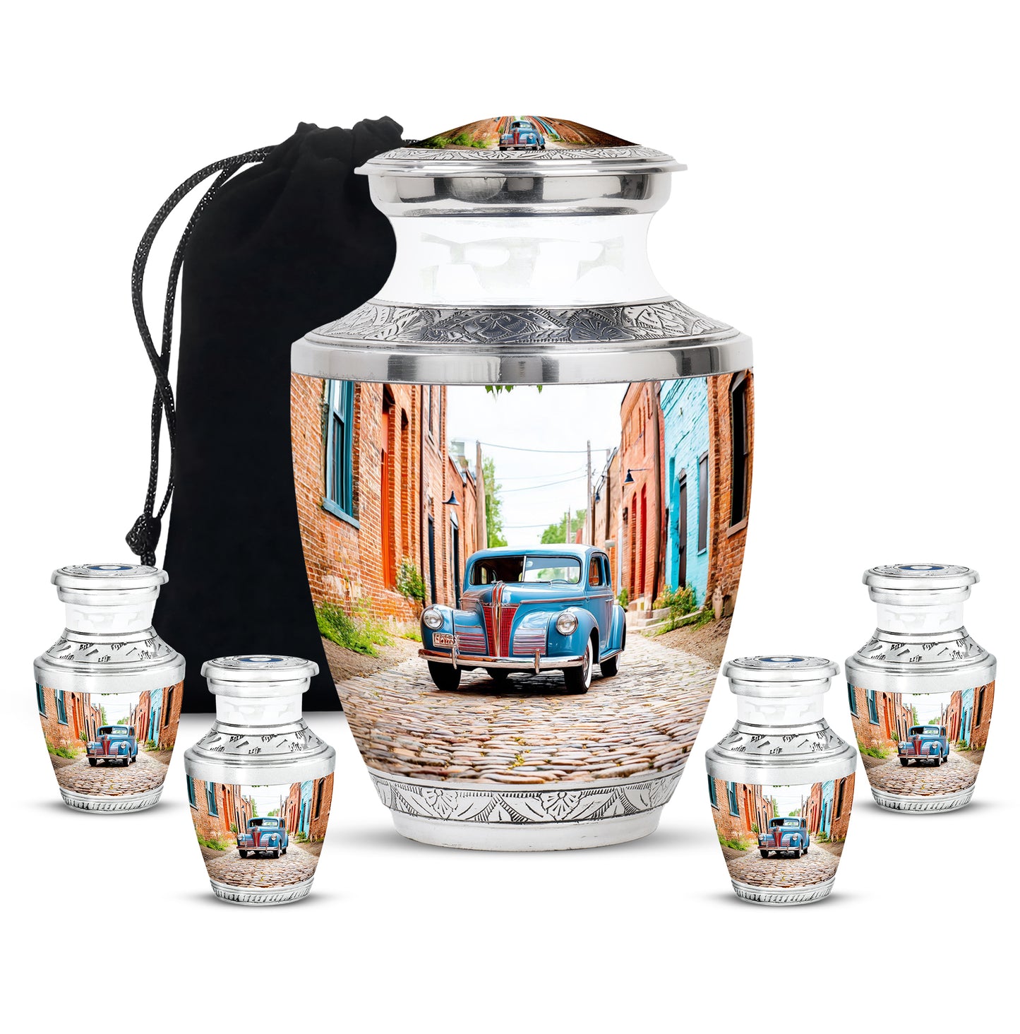 Sterling Silver Car Cremation Urn lifestyle display on memorial shelf - contemporary car design with modern artistic flair - memorial set with one large and four small urns