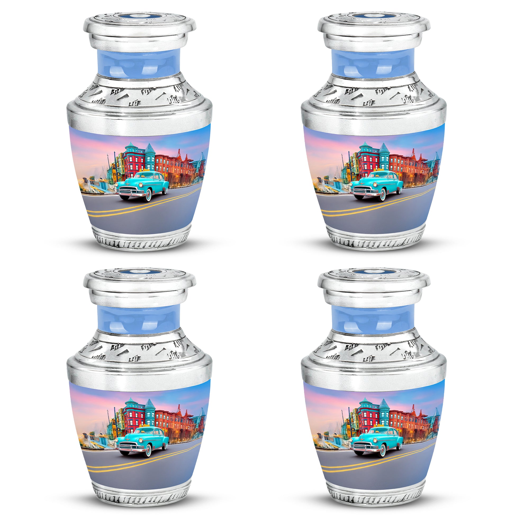 Sapphire Blue Car Cremation Urn back view with polished surface - artistic car interpretation with creative detail - 10 inch aluminum urn for cremated remains