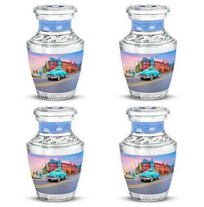 Sapphire Blue Car Cremation Urn back view with polished surface - artistic car interpretation with creative detail - 10 inch aluminum urn for cremated remains