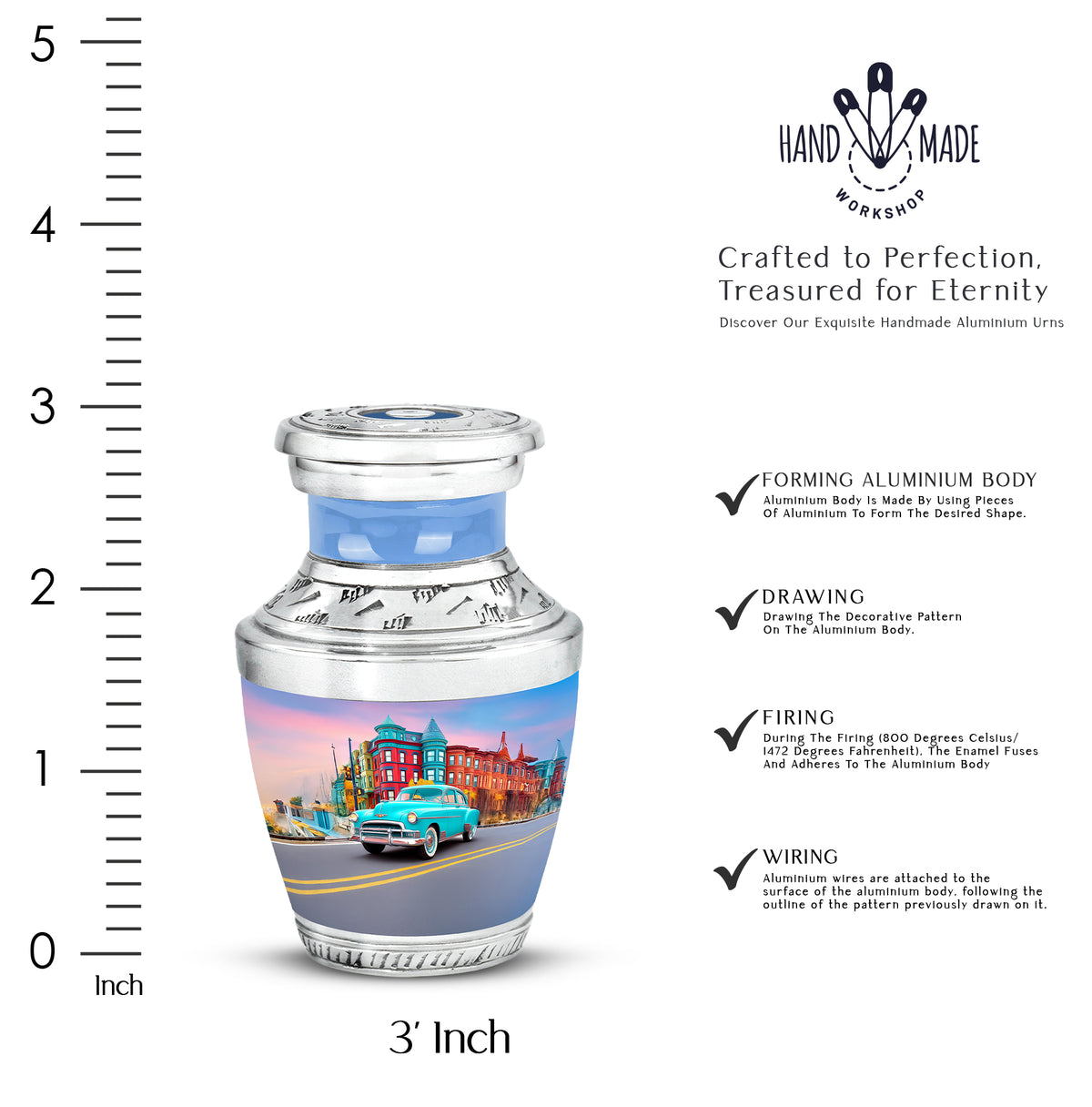 Celestial Blue Car Cremation Urn top-down view of secure threaded lid - modern art-inspired car motif on sleek aluminum - mini keepsake memorial for portion of cremation ashes