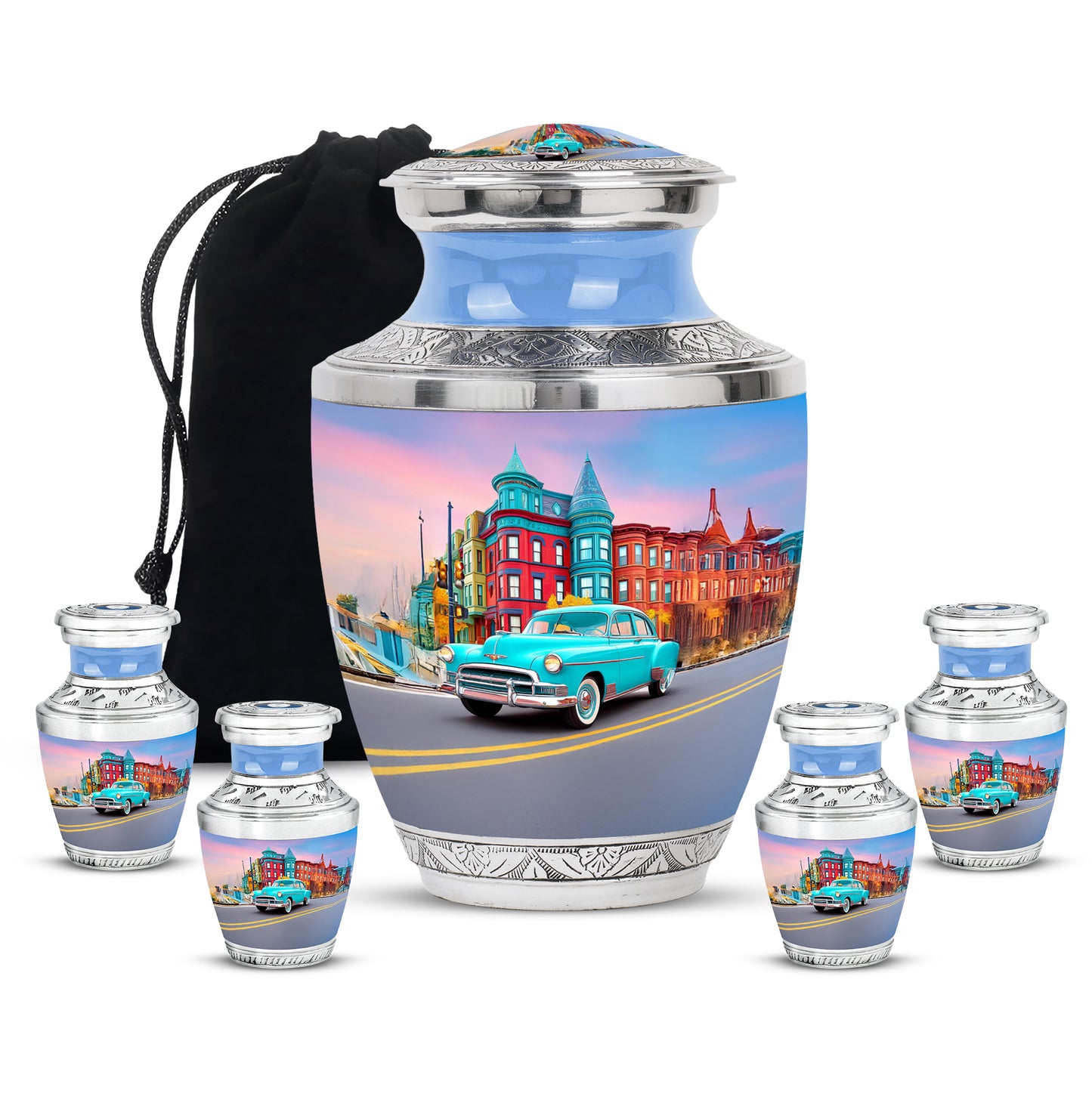 Serene Blue Car Cremation Urn lifestyle display on memorial shelf - stylized abstract car pattern with bold lines - memorial set with one large and four small urns