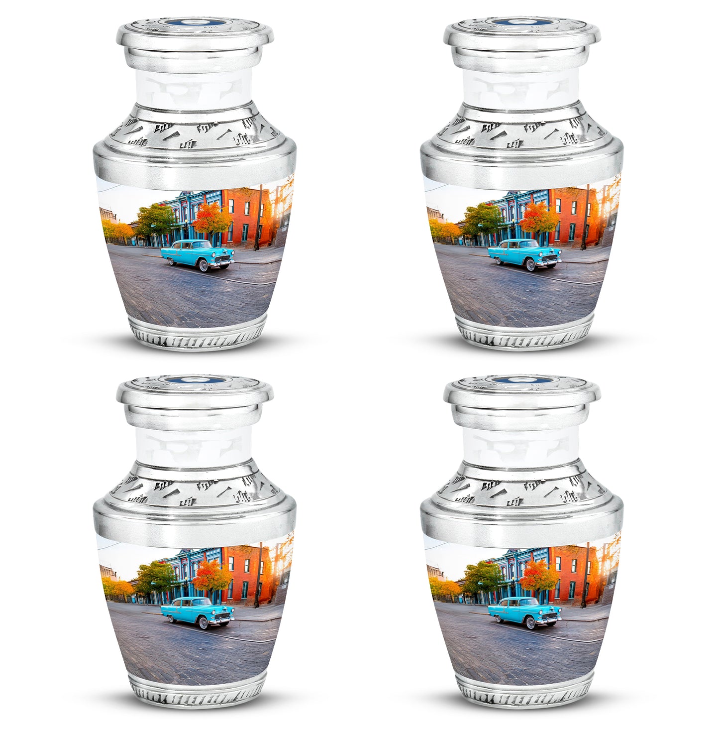 Satin Silver Car Cremation Urn back view with polished surface - modern art-inspired car motif on sleek aluminum - 10 inch aluminum urn for cremated remains