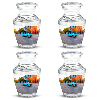 Satin Silver Car Cremation Urn back view with polished surface - modern art-inspired car motif on sleek aluminum - 10 inch aluminum urn for cremated remains