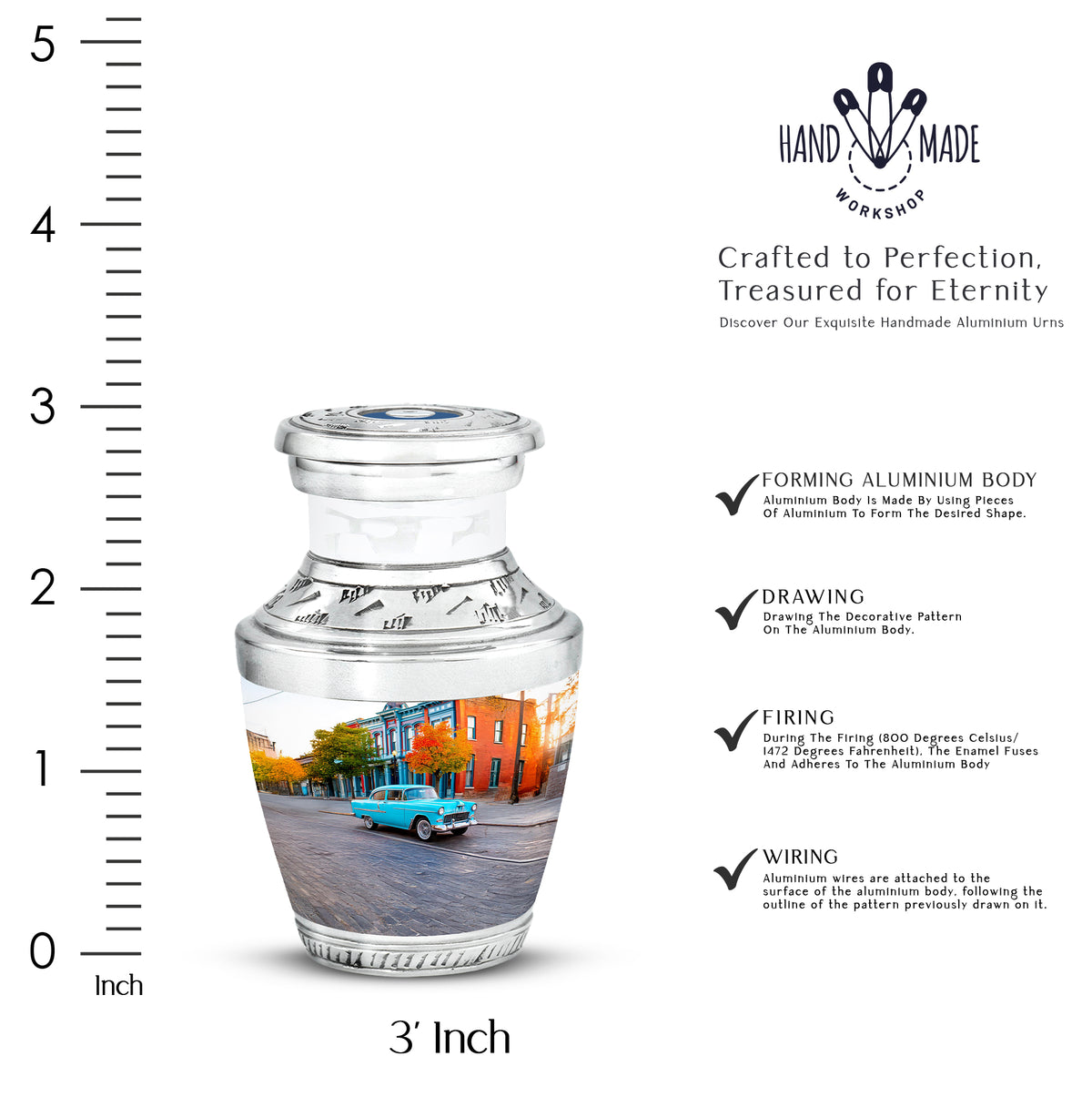 Brushed Silver Car Cremation Urn top-down view of secure threaded lid - contemporary car design with modern artistic flair - mini keepsake memorial for portion of cremation ashes