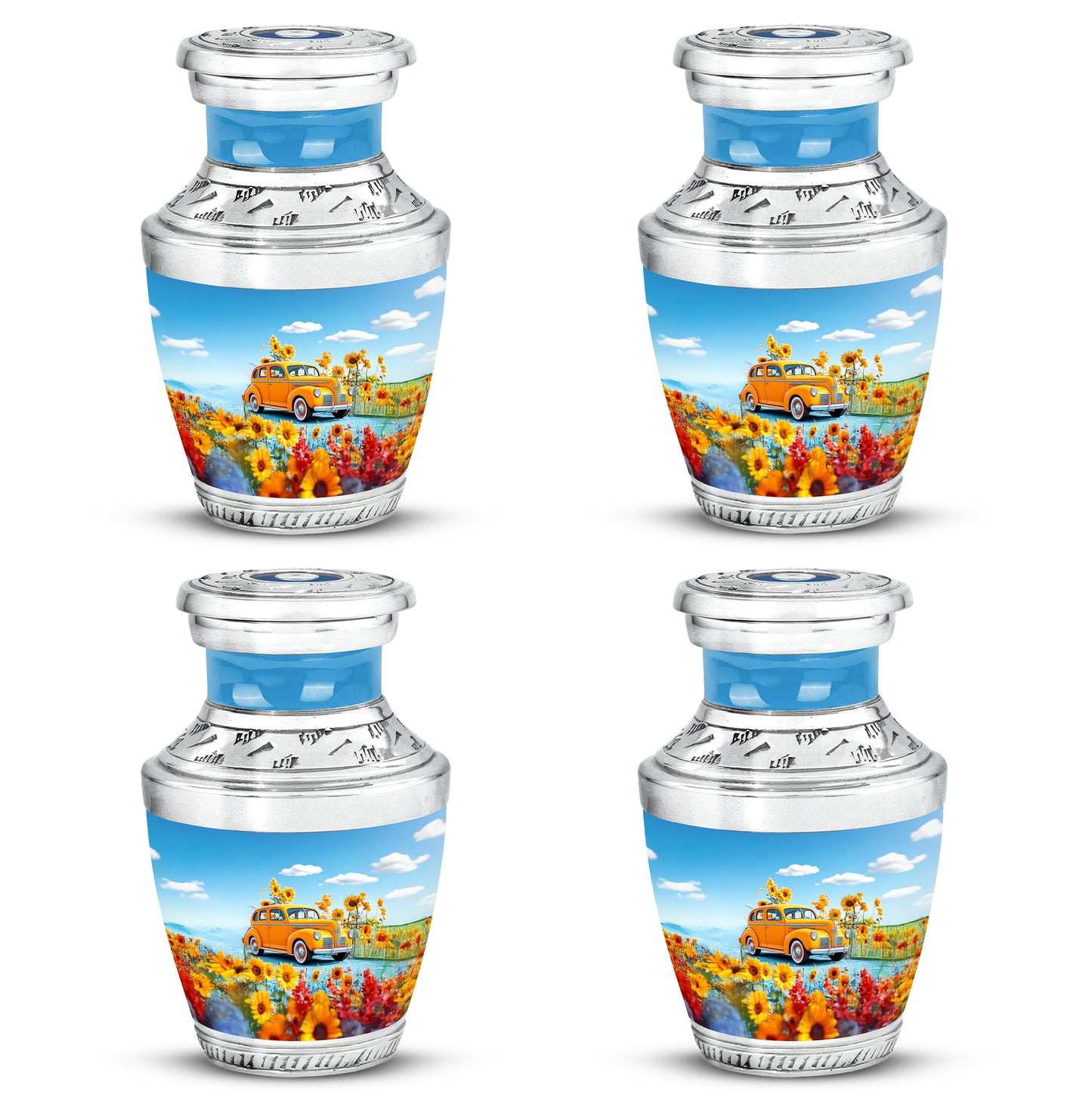 Sky Blue Car Cremation Urn back view with polished surface - contemporary car design with modern artistic flair - 10 inch aluminum urn for cremated remains