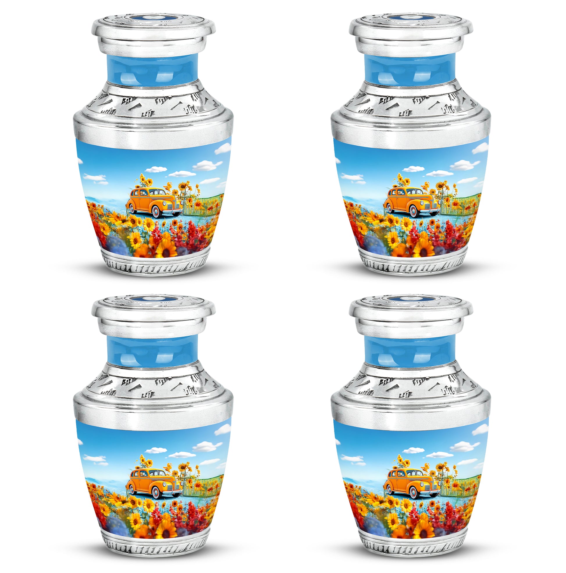Sky Blue Car Cremation Urn back view with polished surface - contemporary car design with modern artistic flair - 10 inch aluminum urn for cremated remains