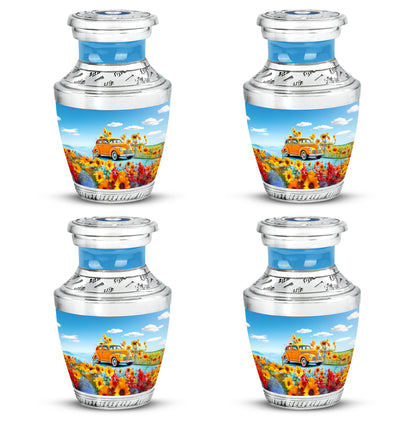Sky Blue Car Cremation Urn back view with polished surface - contemporary car design with modern artistic flair - 10 inch aluminum urn for cremated remains
