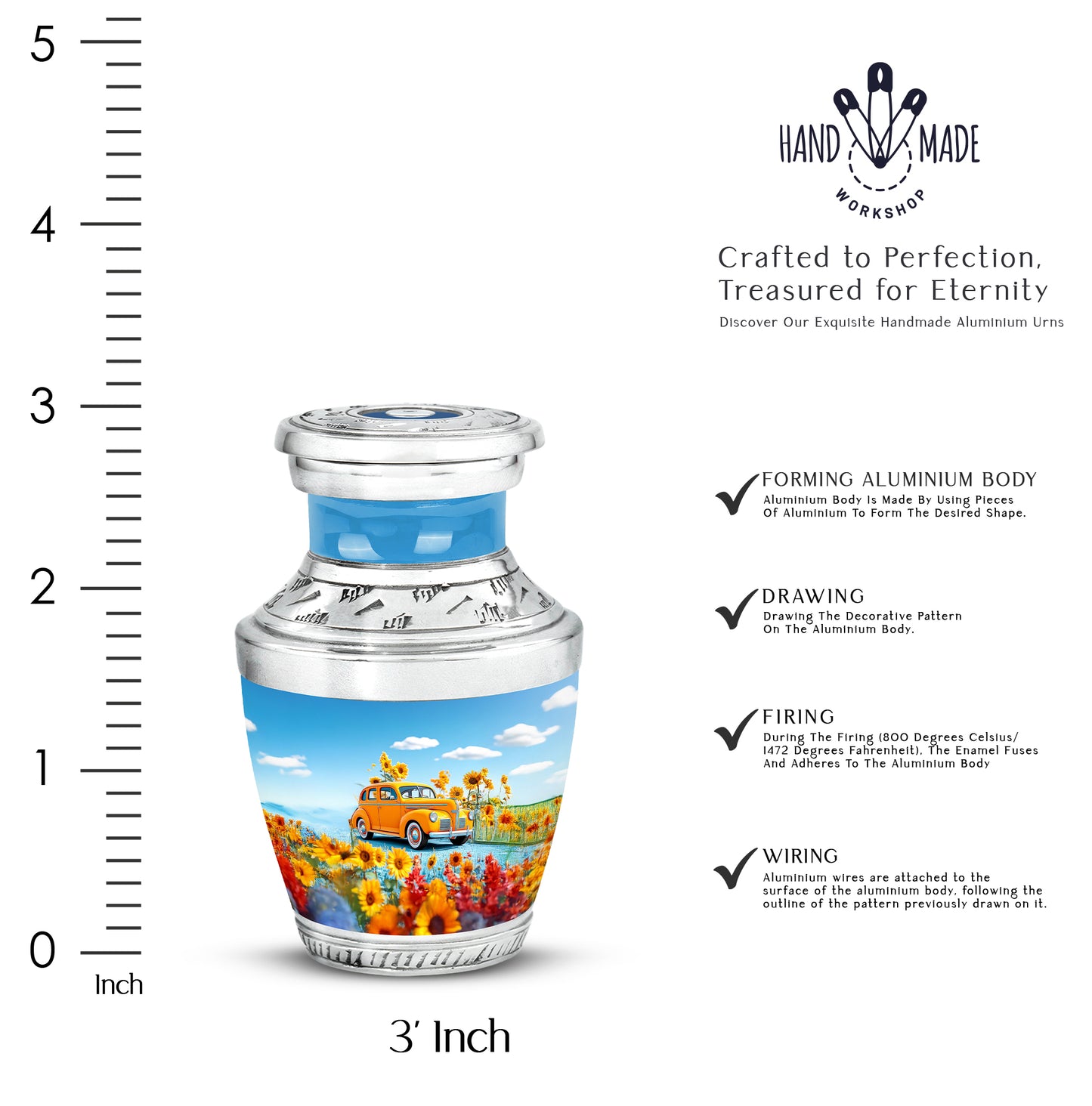 Sapphire Blue Car Cremation Urn top-down view of secure threaded lid - stylized abstract car pattern with bold lines - mini keepsake memorial for portion of cremation ashes