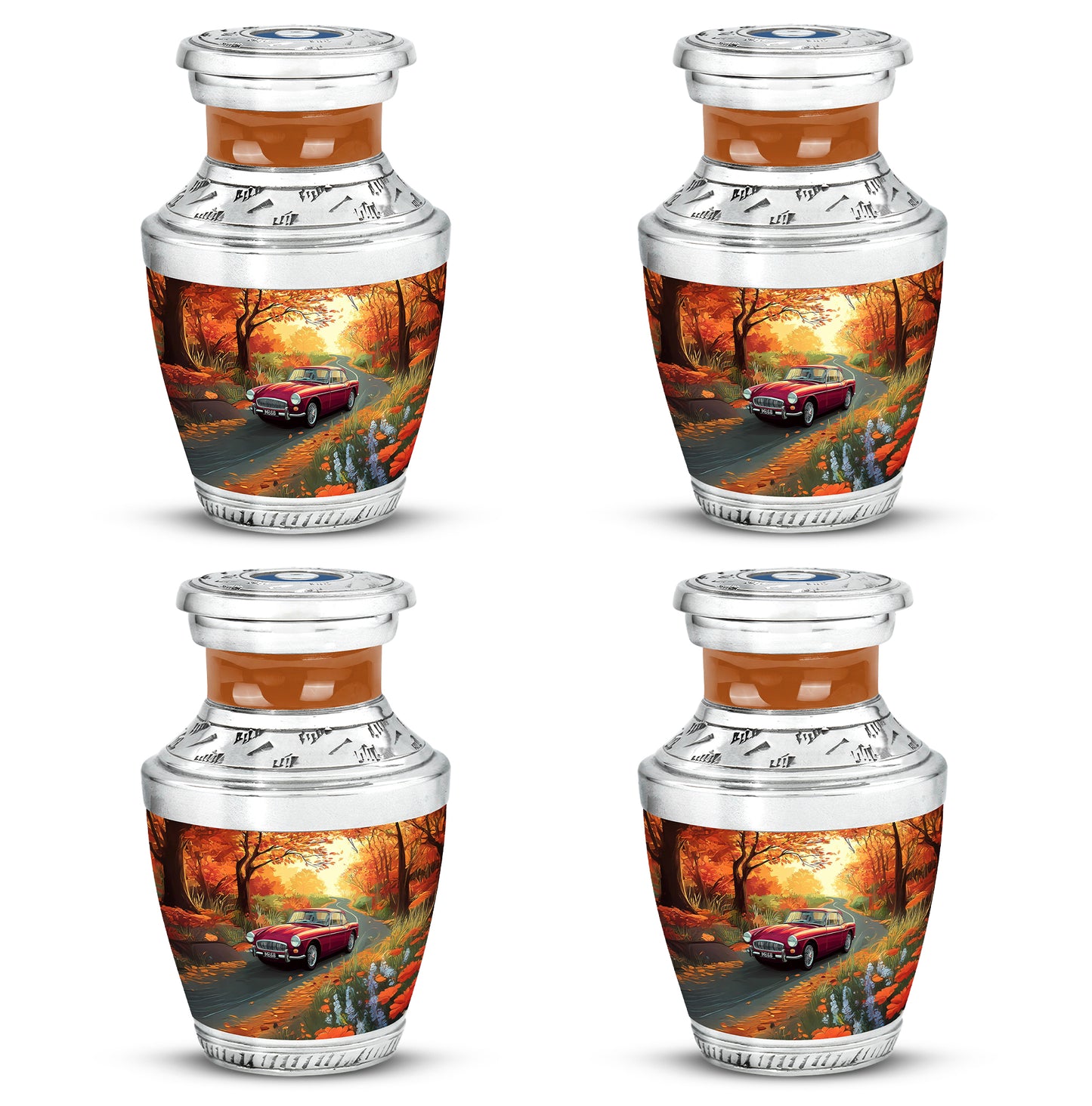 Amber Gold Car Cremation Urn back view with polished surface - modern art-inspired car motif on sleek aluminum - 10 inch aluminum urn for cremated remains