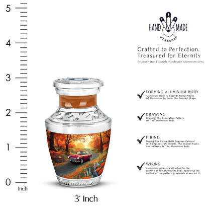 Harvest Gold Car Cremation Urn top-down view of secure threaded lid - artistic car interpretation with creative detail - mini keepsake memorial for portion of cremation ashes