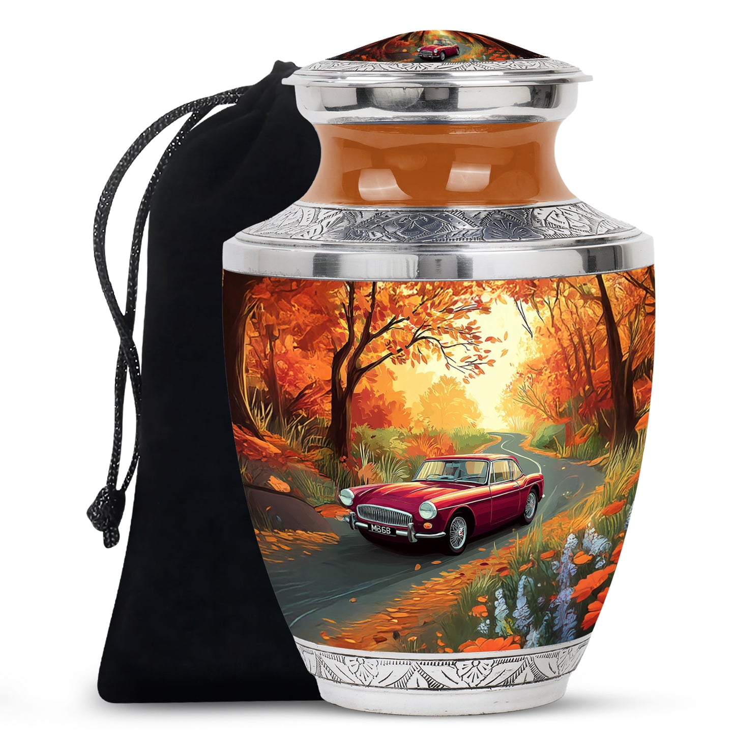 Burnished Gold Car Cremation Urn side profile showing urn shape - artistic car interpretation with creative detail - full-size 10 inch 200 cubic inch adult cremation urn