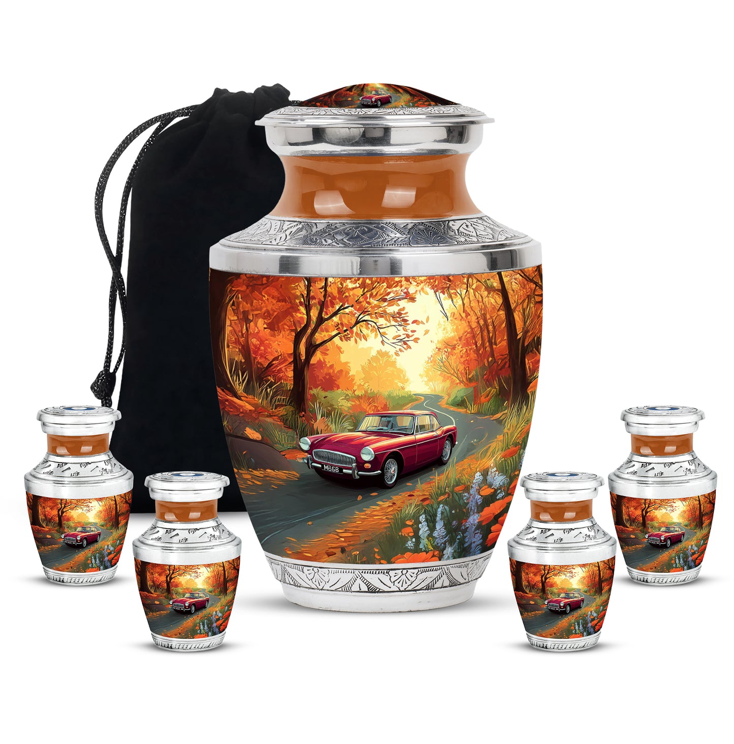 Matte Gold Car Cremation Urn lifestyle display on memorial shelf - stylized abstract car pattern with bold lines - memorial set with one large and four small urns