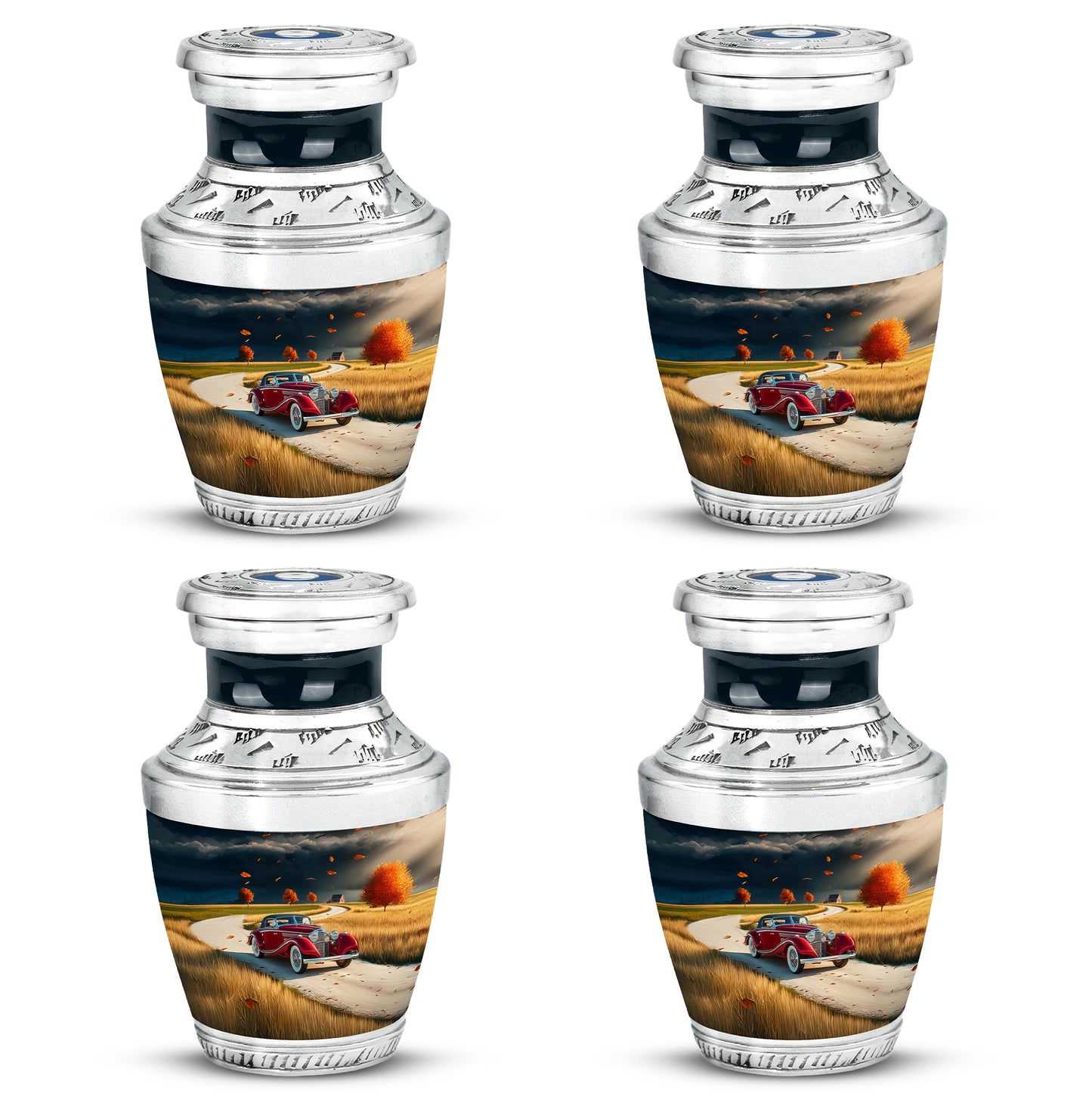 Calming Blue Car Cremation Urn back view with polished surface - artistic car interpretation with creative detail - 10 inch aluminum urn for cremated remains