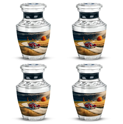 Calming Blue Car Cremation Urn back view with polished surface - artistic car interpretation with creative detail - 10 inch aluminum urn for cremated remains