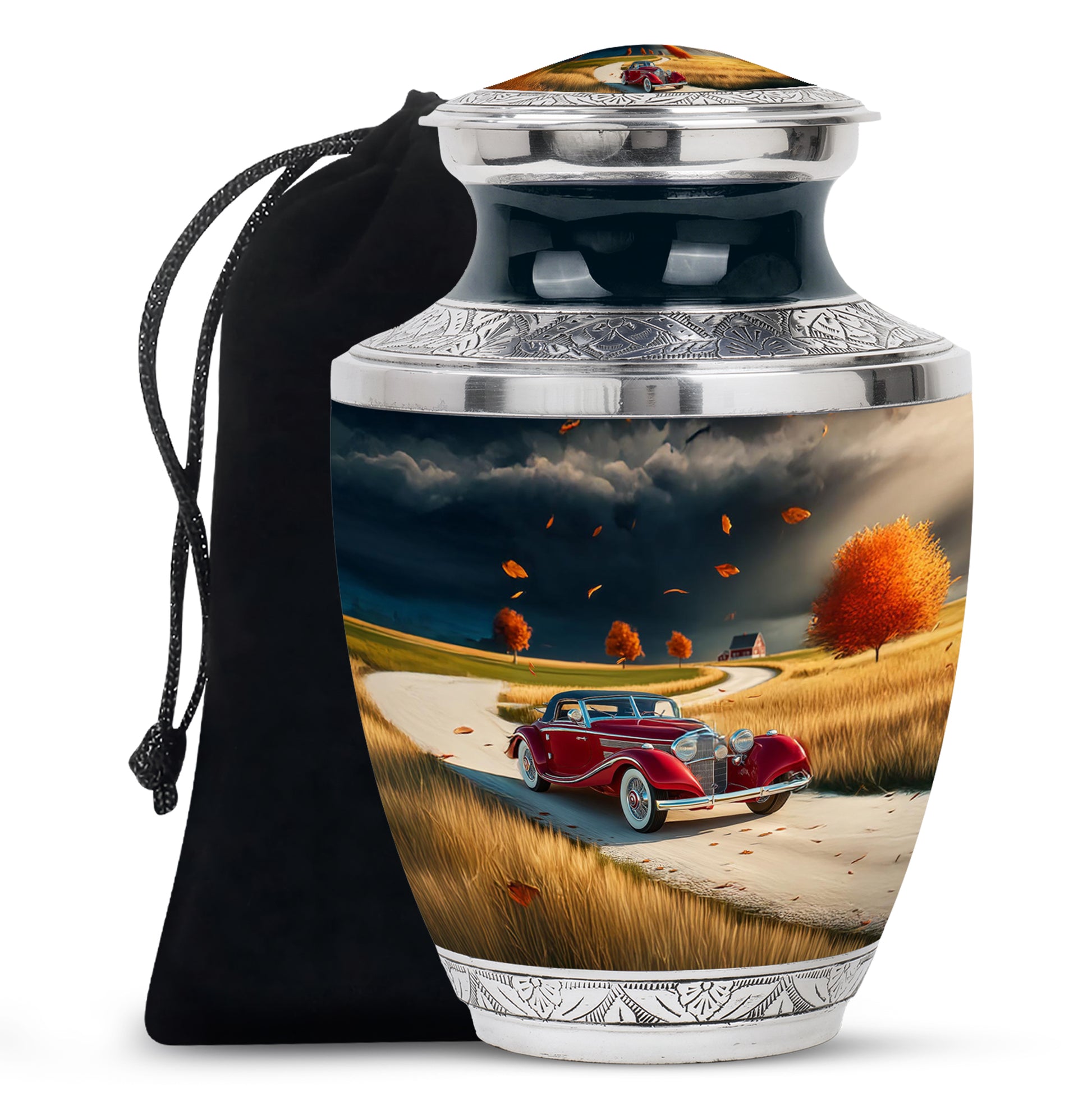 Dusty Blue Car Cremation Urn side profile showing urn shape - modern art-inspired car motif on sleek aluminum - full-size 10 inch 200 cubic inch adult cremation urn