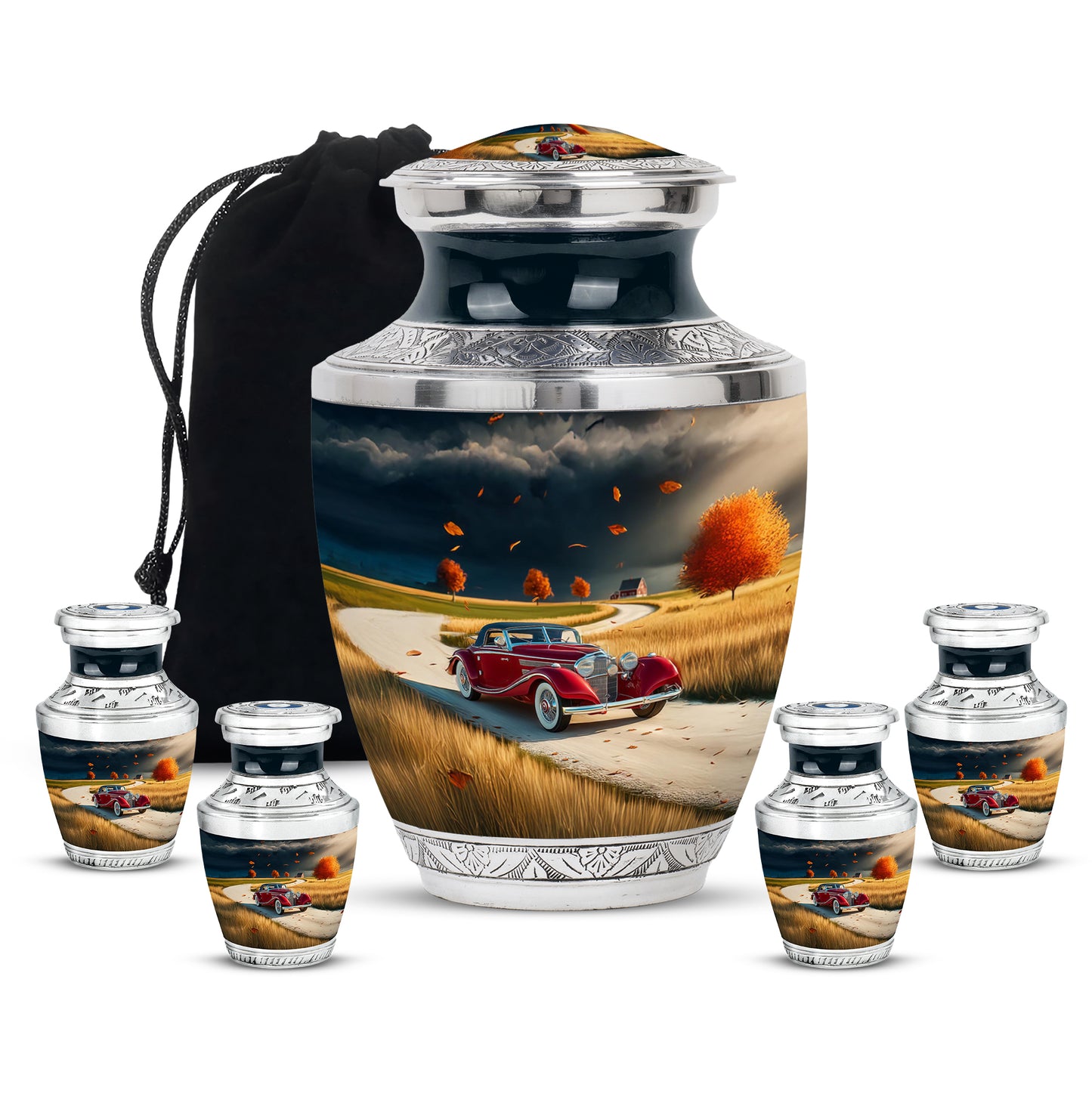 Misty Blue Car Cremation Urn lifestyle display on memorial shelf - modern art-inspired car motif on sleek aluminum - memorial set with one large and four small urns