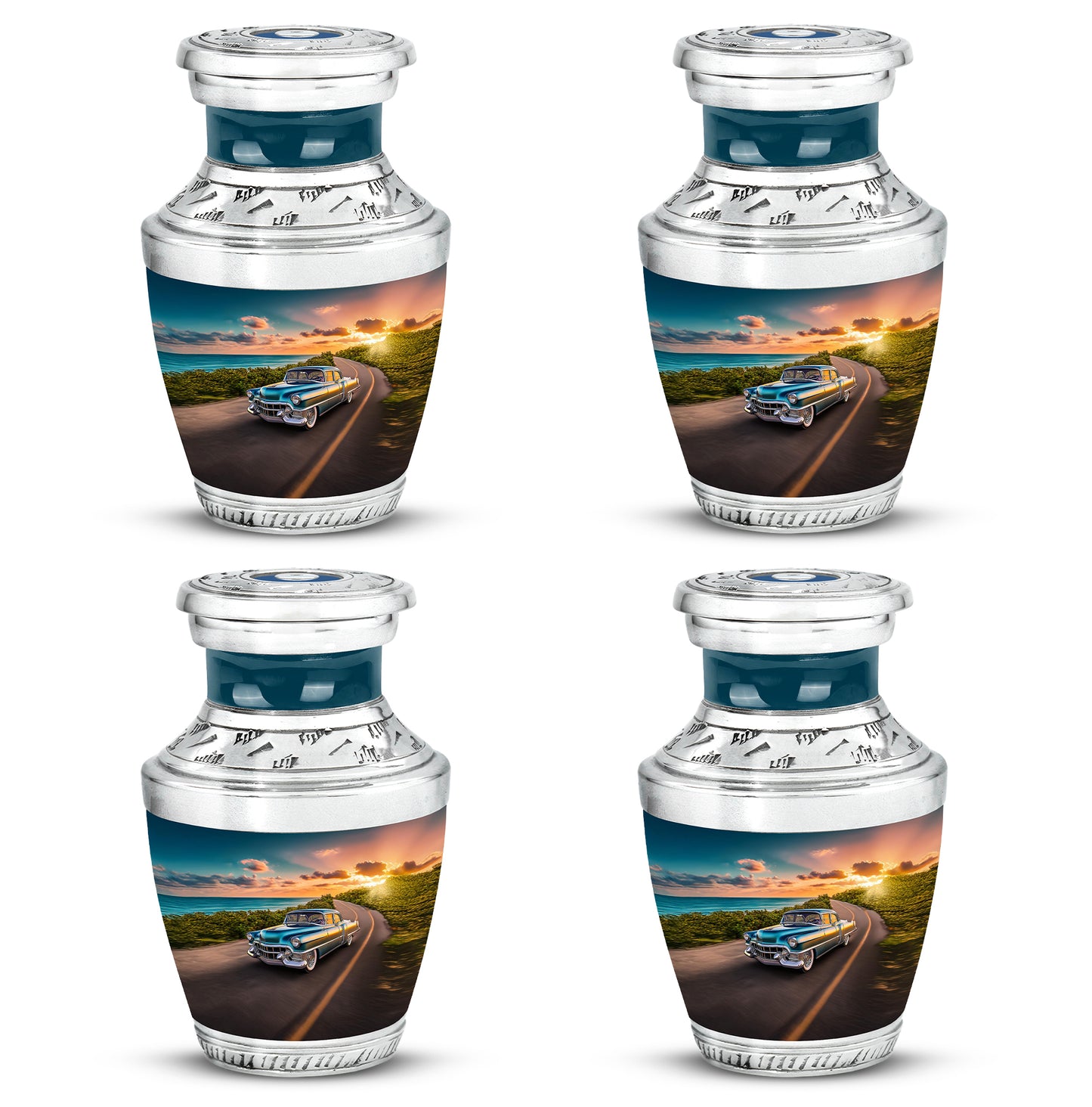 Cobalt Blue Car Cremation Urn back view with polished surface - stylized abstract car pattern with bold lines - 10 inch aluminum urn for cremated remains
