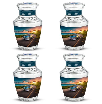 Cobalt Blue Car Cremation Urn back view with polished surface - stylized abstract car pattern with bold lines - 10 inch aluminum urn for cremated remains