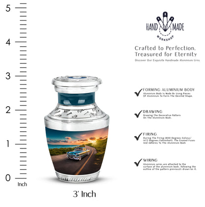 Bright Blue Car Cremation Urn top-down view of secure threaded lid - stylized abstract car pattern with bold lines - mini keepsake memorial for portion of cremation ashes