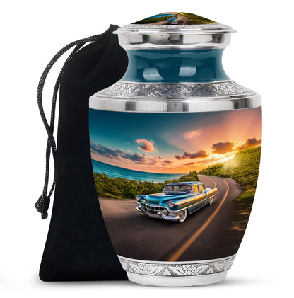 Cobalt Blue Car Cremation Urn side profile showing urn shape - stylized abstract car pattern with bold lines - full-size 10 inch 200 cubic inch adult cremation urn