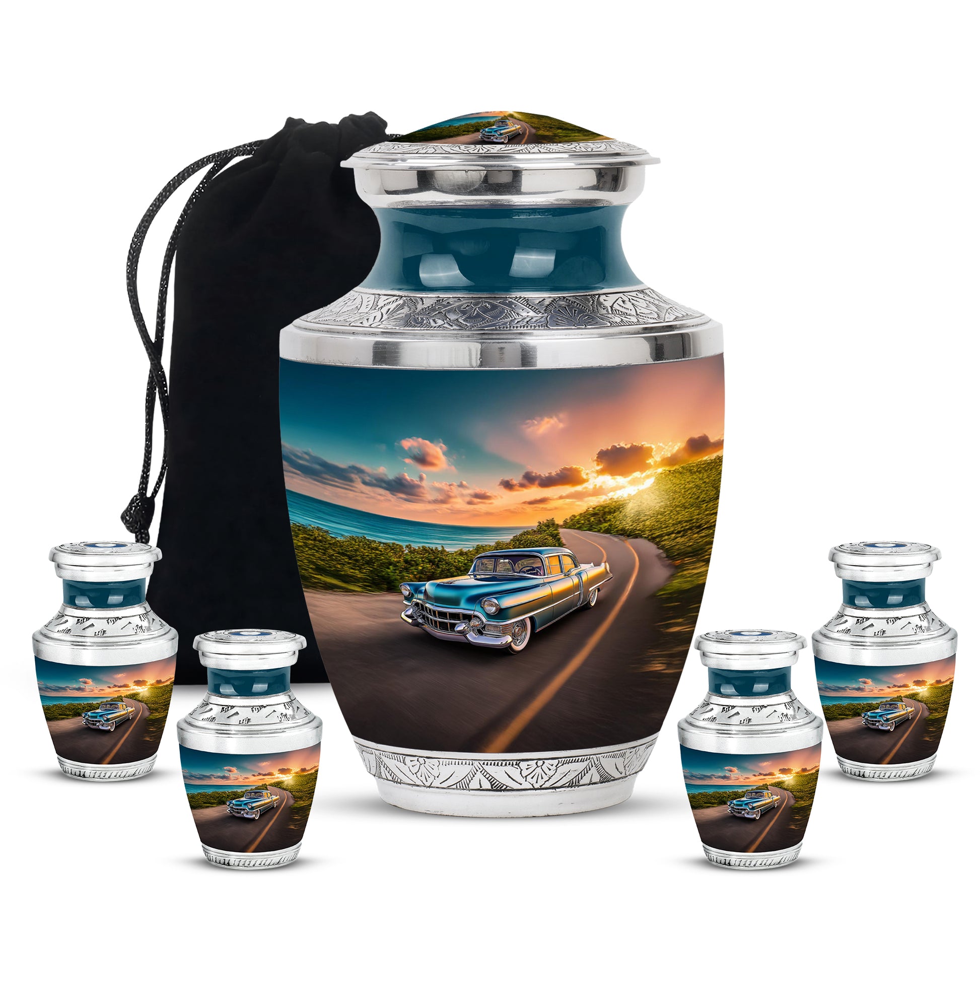 Cornflower Blue Car Cremation Urn lifestyle display on memorial shelf - stylized abstract car pattern with bold lines - memorial set with one large and four small urns
