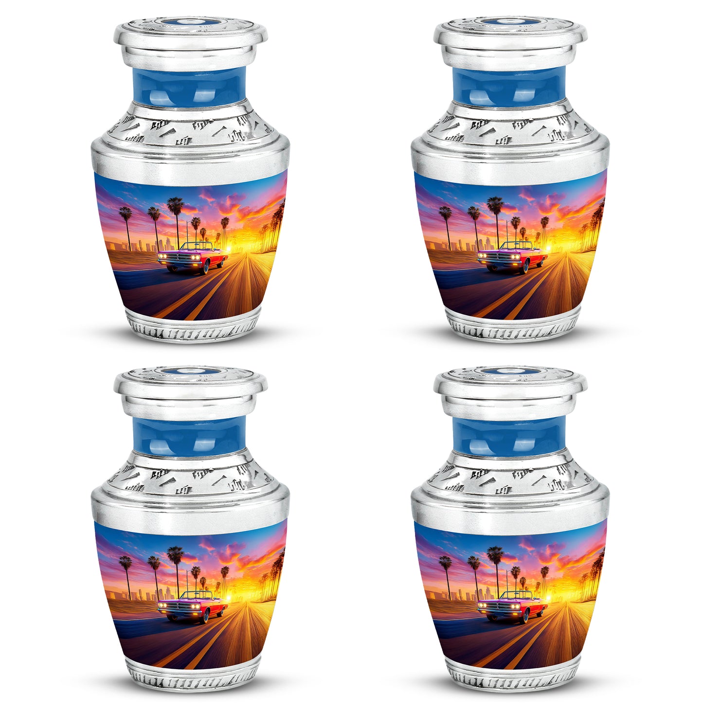 Royal Blue Car Cremation Urn back view with polished surface - artistic car interpretation with creative detail - 10 inch aluminum urn for cremated remains