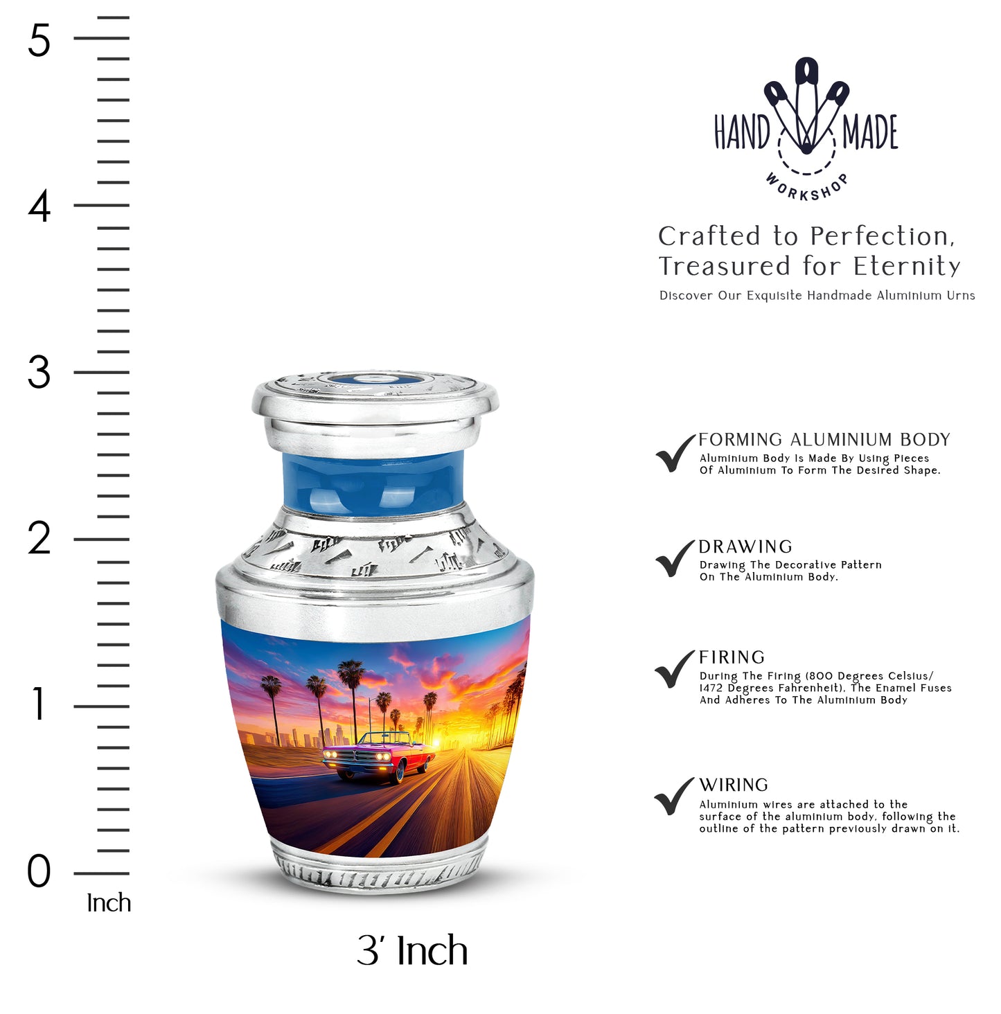 Azure Car Cremation Urn top-down view of secure threaded lid - contemporary car design with modern artistic flair - mini keepsake memorial for portion of cremation ashes