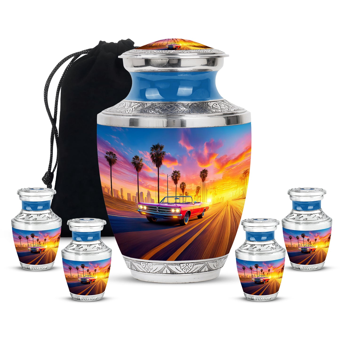 Steel Blue Car Cremation Urn lifestyle display on memorial shelf - artistic car interpretation with creative detail - memorial set with one large and four small urns