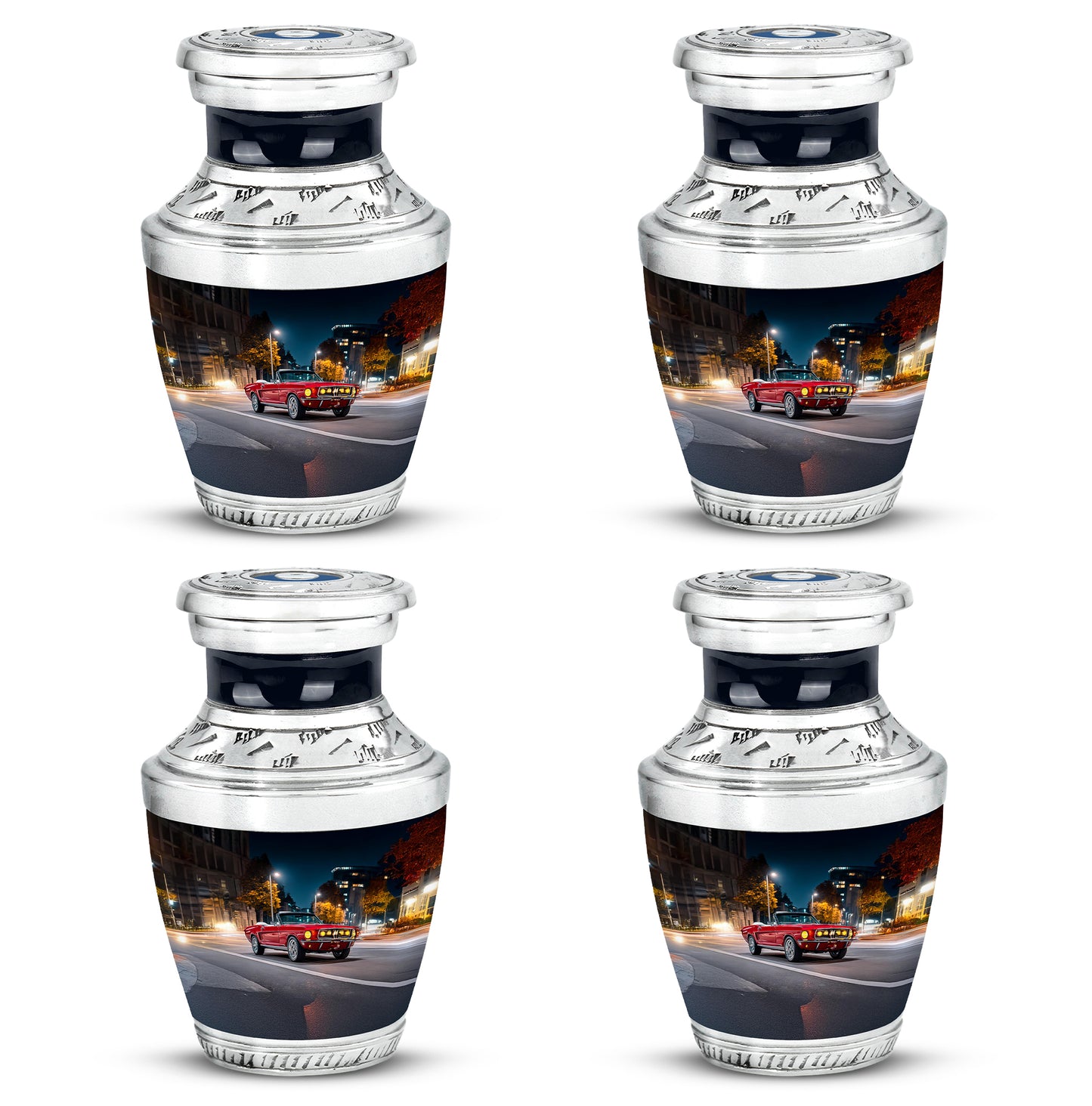 Celestial Blue Car Cremation Urn back view with polished surface - contemporary car design with modern artistic flair - 10 inch aluminum urn for cremated remains