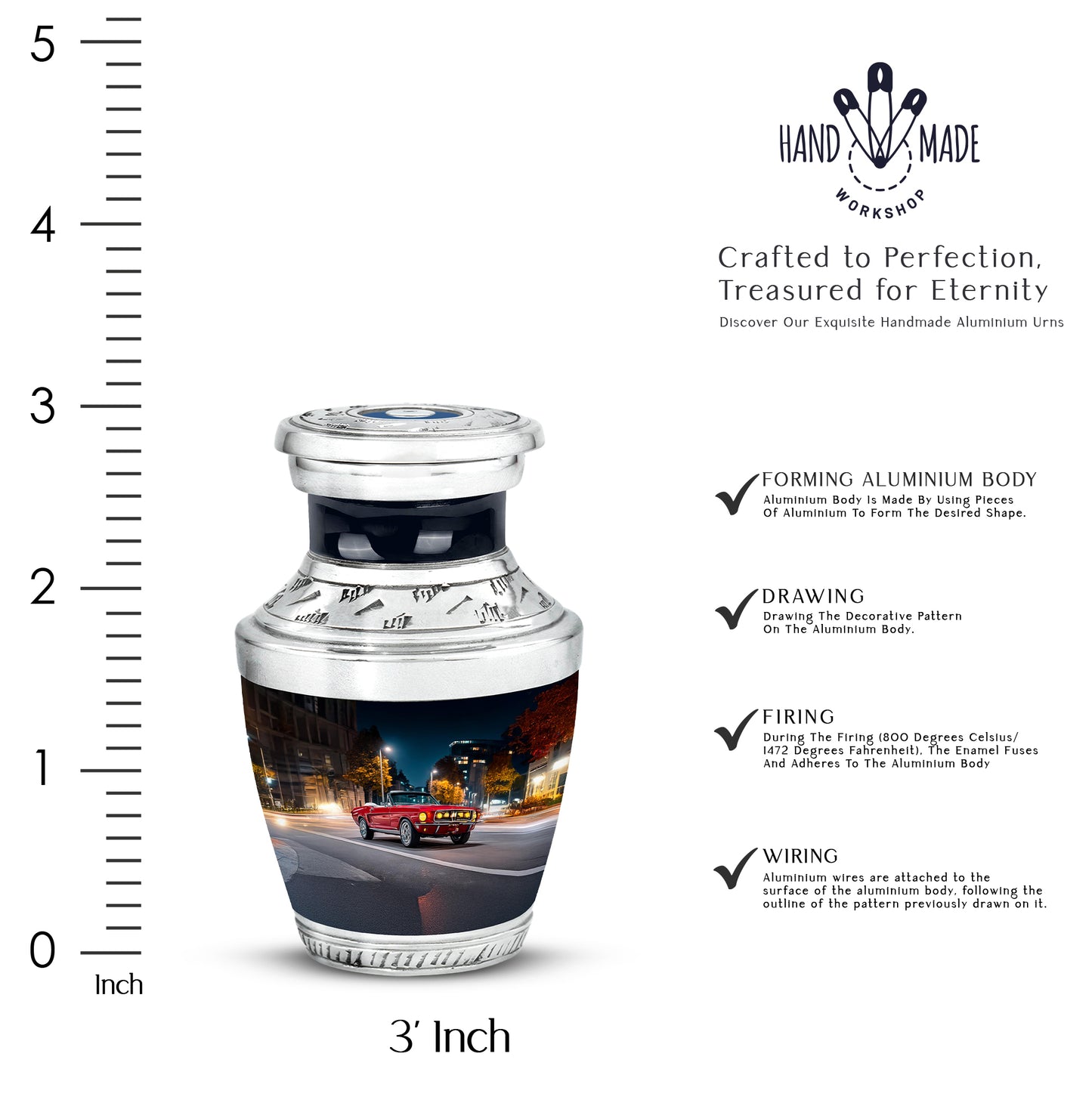 Dusty Blue Car Cremation Urn top-down view of secure threaded lid - modern art-inspired car motif on sleek aluminum - mini keepsake memorial for portion of cremation ashes