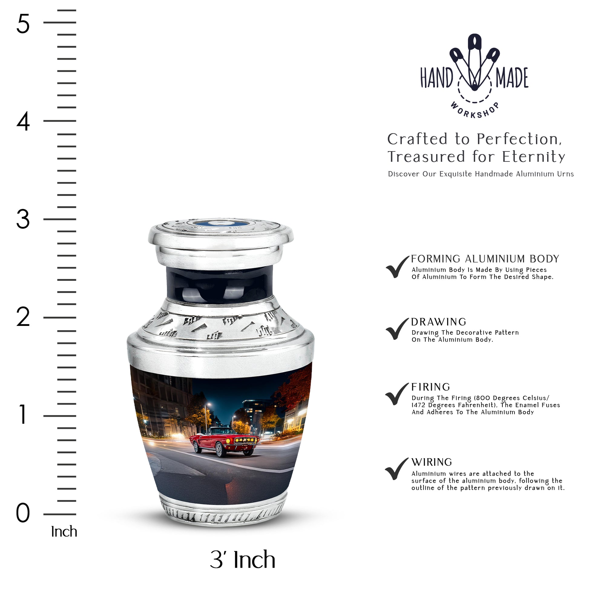 Dusty Blue Car Cremation Urn top-down view of secure threaded lid - modern art-inspired car motif on sleek aluminum - mini keepsake memorial for portion of cremation ashes