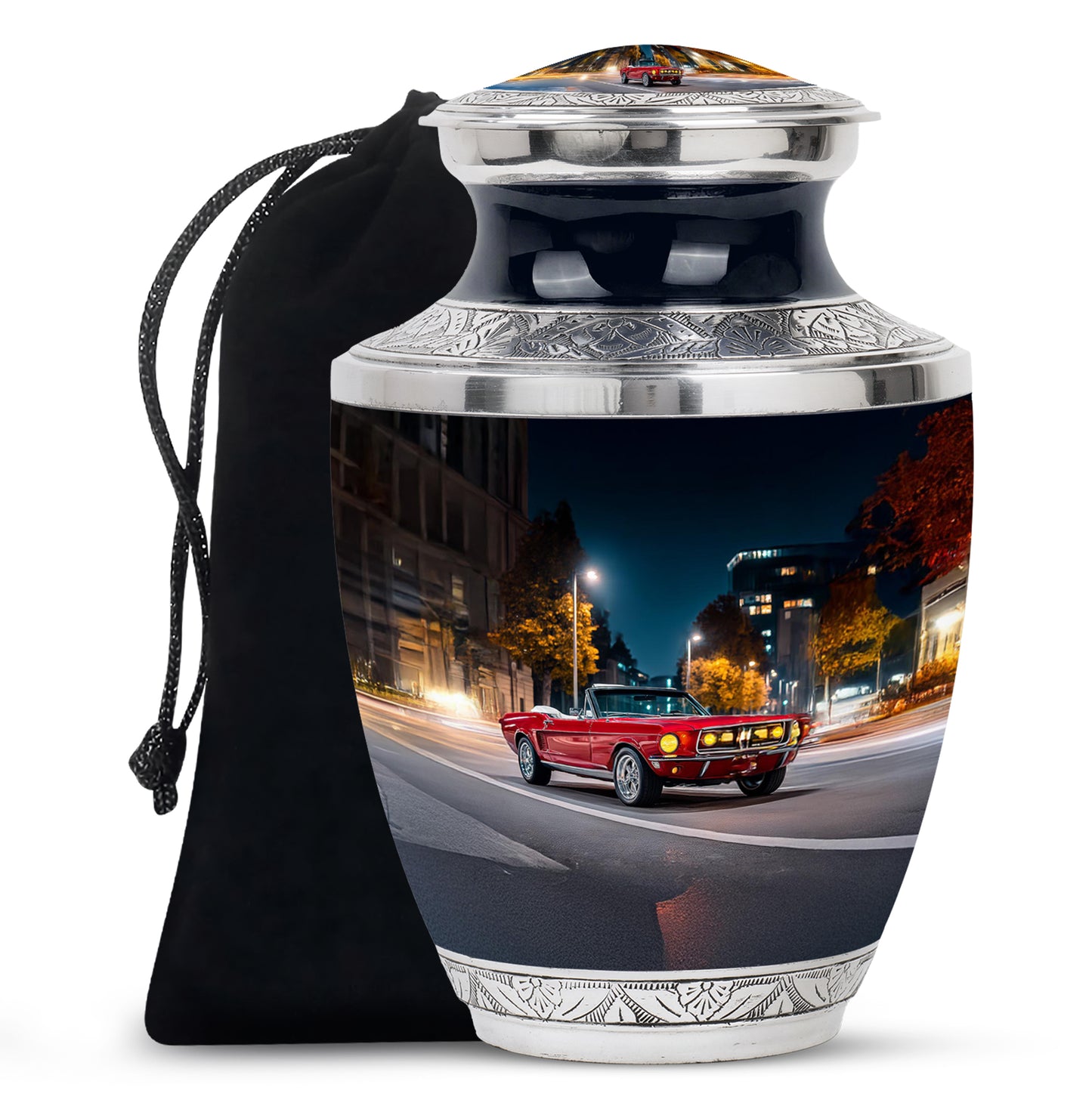 Bright Blue Car Cremation Urn side profile showing urn shape - artistic car interpretation with creative detail - full-size 10 inch 200 cubic inch adult cremation urn