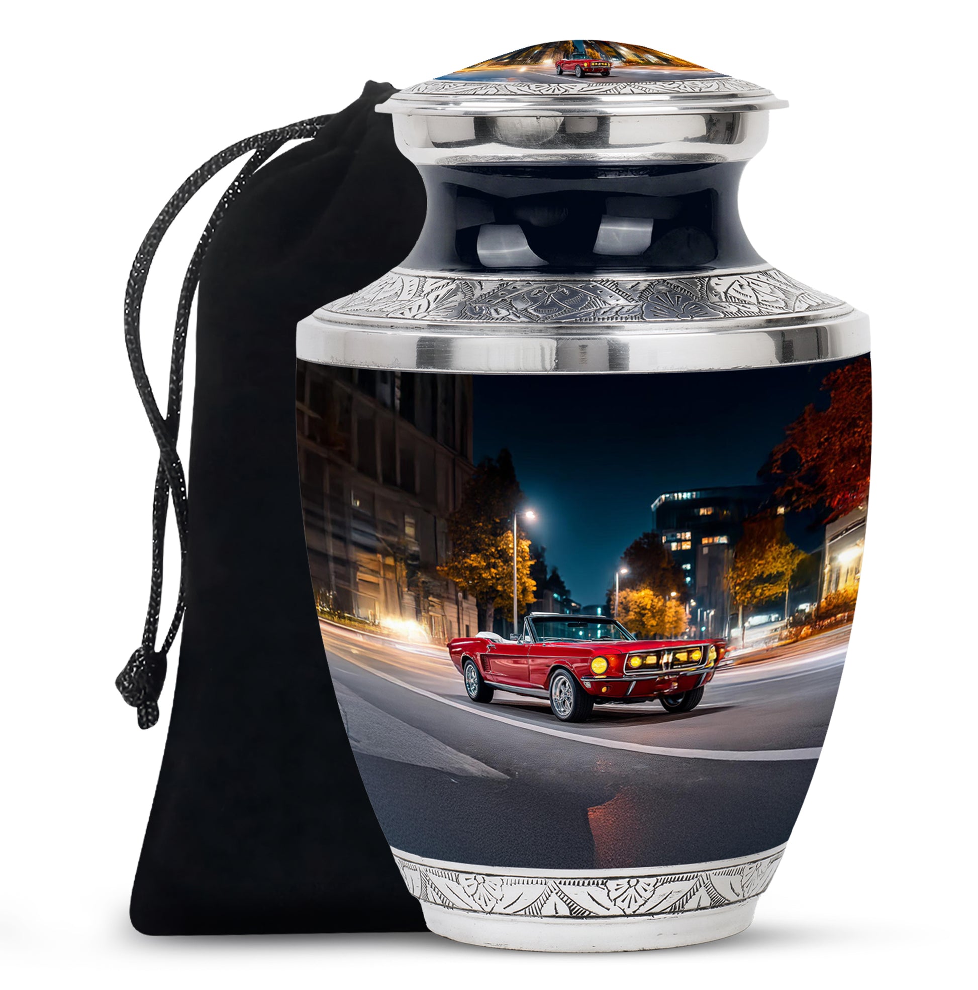Bright Blue Car Cremation Urn side profile showing urn shape - artistic car interpretation with creative detail - full-size 10 inch 200 cubic inch adult cremation urn