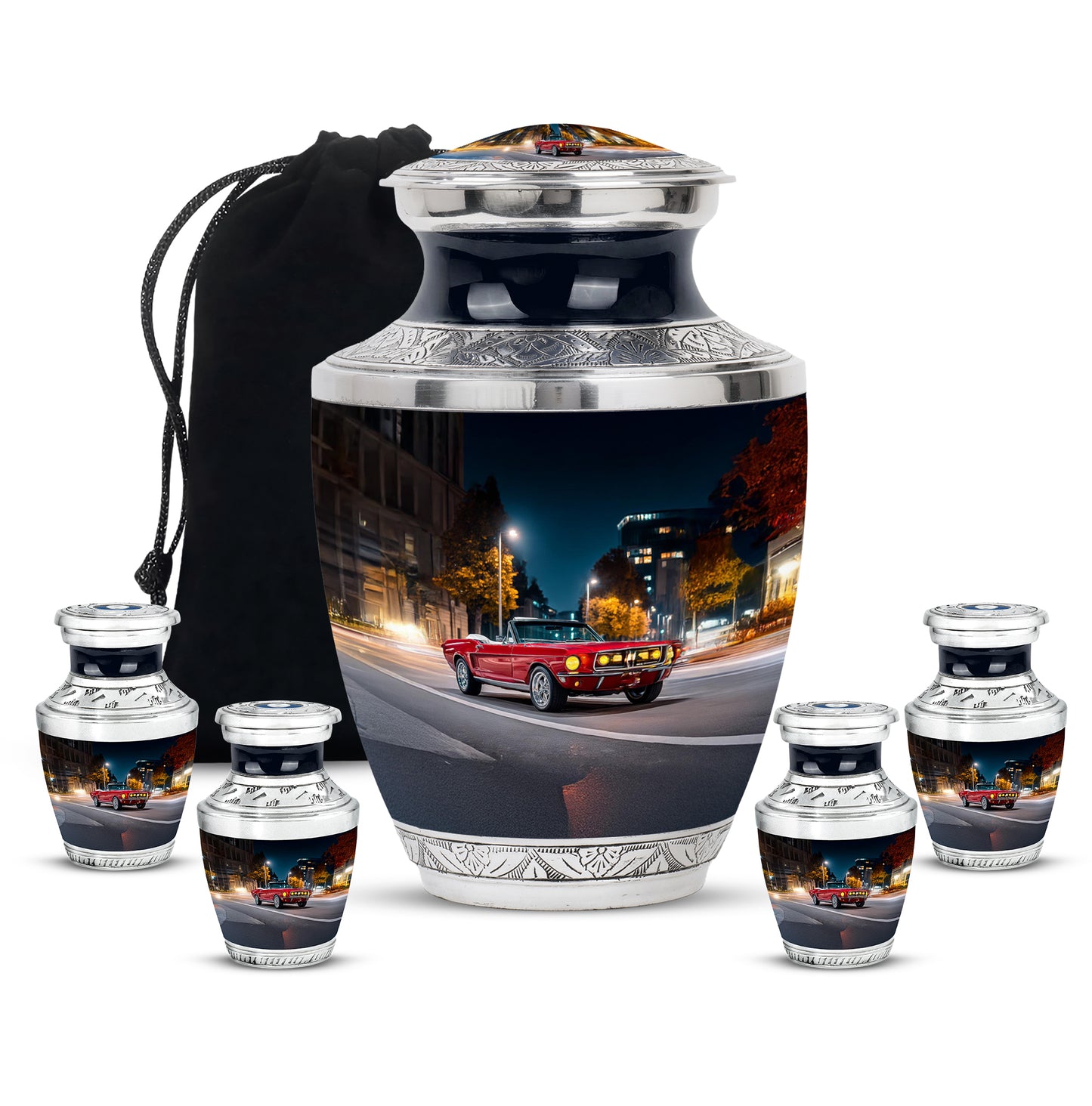 Navy Blue Car Cremation Urn lifestyle display on memorial shelf - modern art-inspired car motif on sleek aluminum - memorial set with one large and four small urns