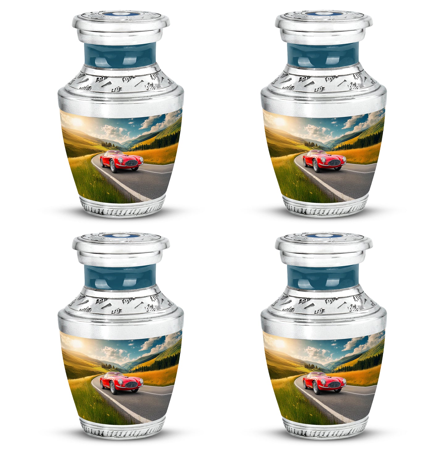 Slate Blue Car Cremation Urn back view with polished surface - modern art-inspired car motif on sleek aluminum - 10 inch aluminum urn for cremated remains