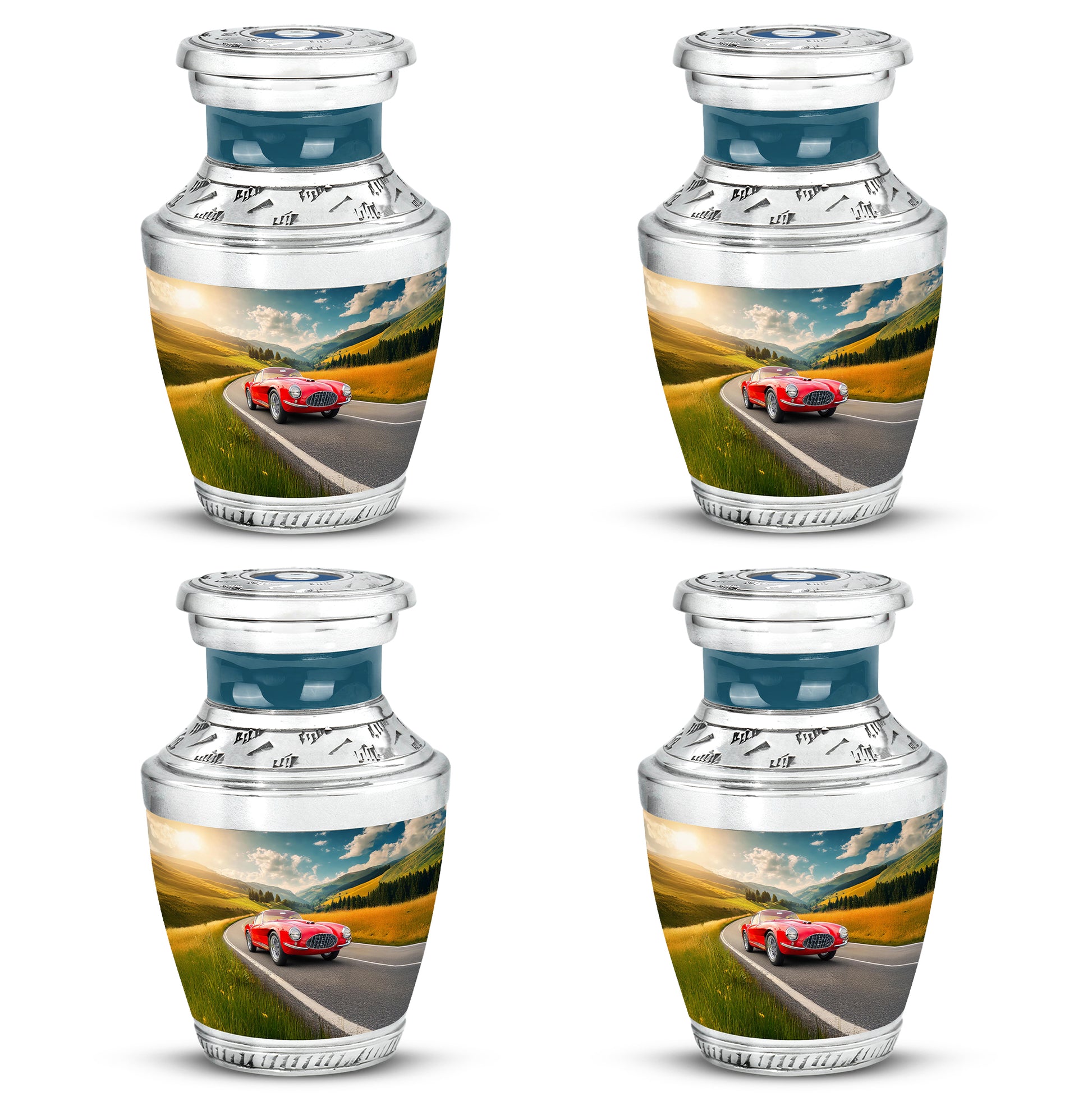 Slate Blue Car Cremation Urn back view with polished surface - modern art-inspired car motif on sleek aluminum - 10 inch aluminum urn for cremated remains