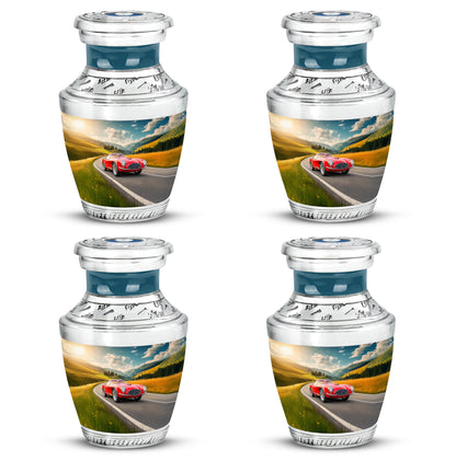 Slate Blue Car Cremation Urn back view with polished surface - modern art-inspired car motif on sleek aluminum - 10 inch aluminum urn for cremated remains
