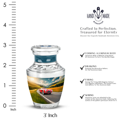 Twilight Blue Car Cremation Urn top-down view of secure threaded lid - artistic car interpretation with creative detail - mini keepsake memorial for portion of cremation ashes