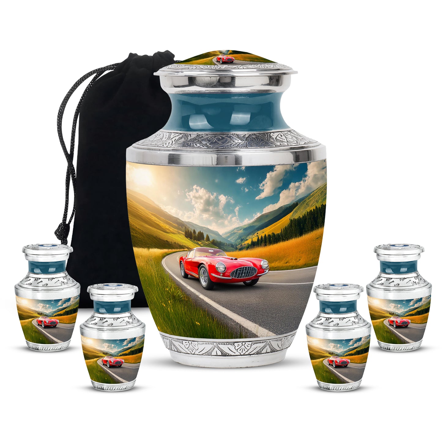 Steel Blue Car Cremation Urn lifestyle display on memorial shelf - artistic car interpretation with creative detail - memorial set with one large and four small urns