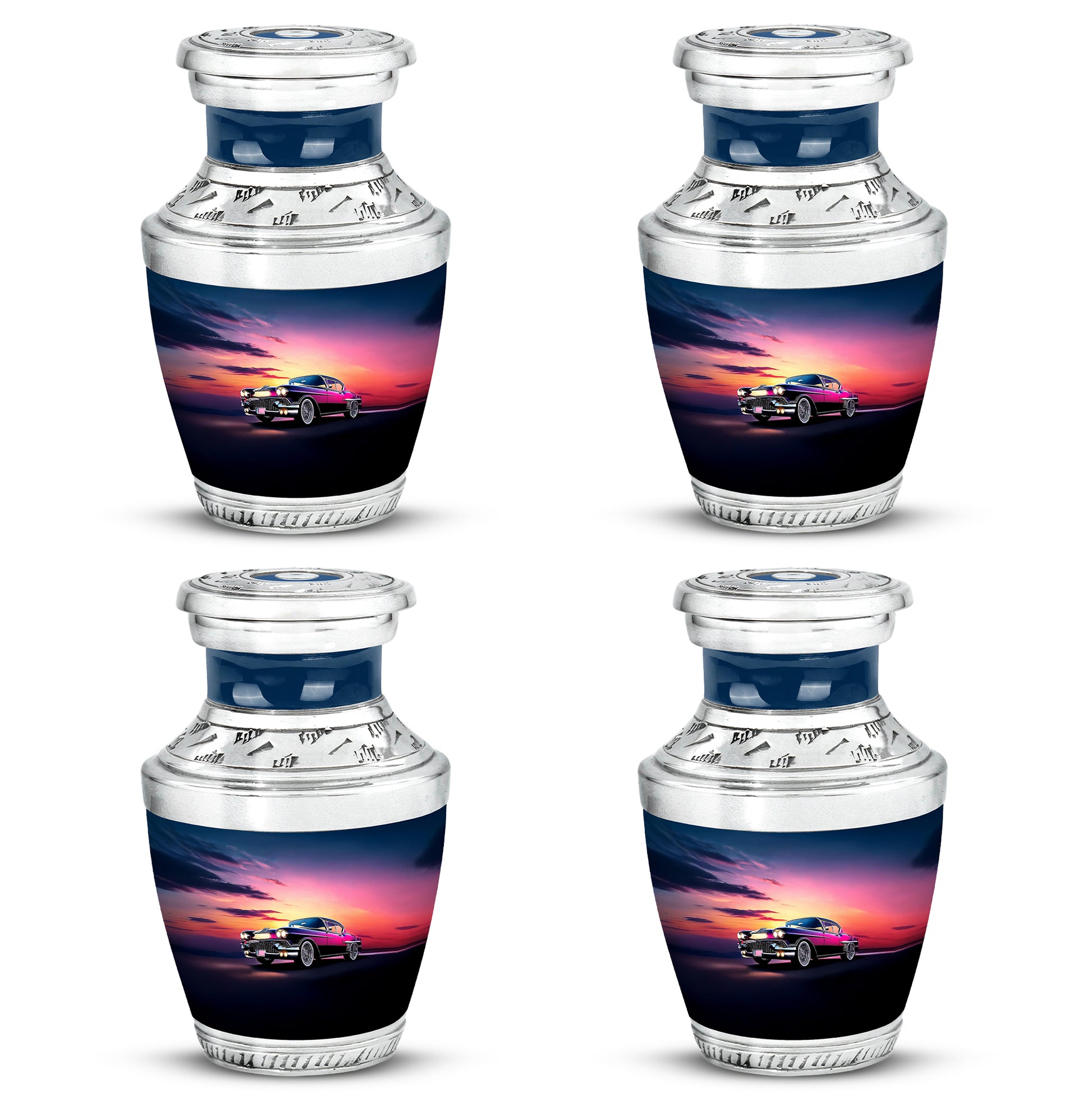 Pastel Blue Car Cremation Urn back view with polished surface - modern art-inspired car motif on sleek aluminum - 10 inch aluminum urn for cremated remains
