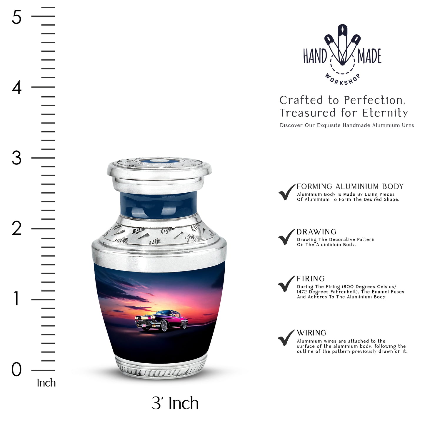 Twilight Blue Car Cremation Urn top-down view of secure threaded lid - stylized abstract car pattern with bold lines - mini keepsake memorial for portion of cremation ashes