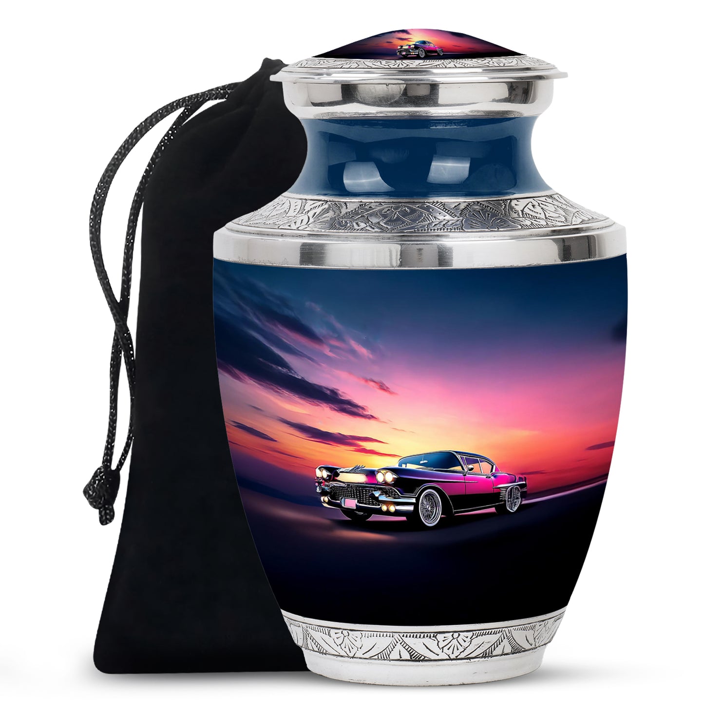 Soft Blue Car Cremation Urn side profile showing urn shape - artistic car interpretation with creative detail - full-size 10 inch 200 cubic inch adult cremation urn