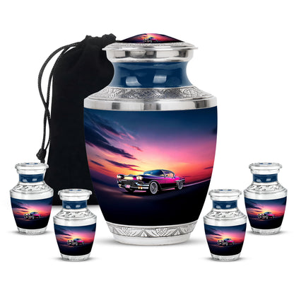 Slate Blue Car Cremation Urn lifestyle display on memorial shelf - modern art-inspired car motif on sleek aluminum - memorial set with one large and four small urns