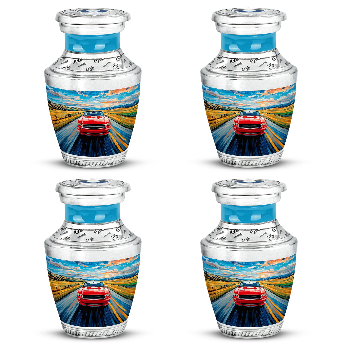 Steel Blue Car Cremation Urn back view with polished surface - stylized abstract car pattern with bold lines - 10 inch aluminum urn for cremated remains