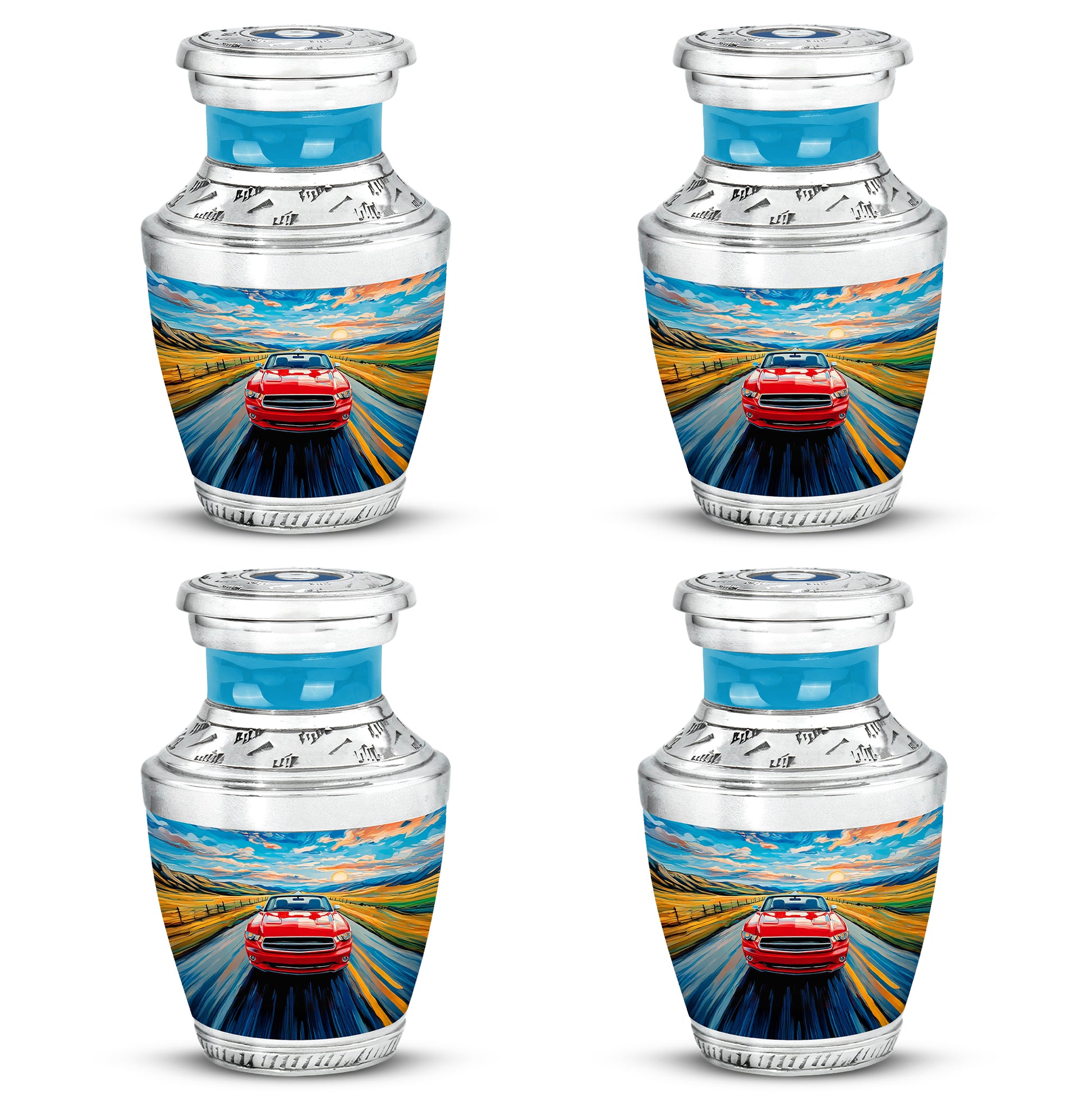 Steel Blue Car Cremation Urn back view with polished surface - stylized abstract car pattern with bold lines - 10 inch aluminum urn for cremated remains