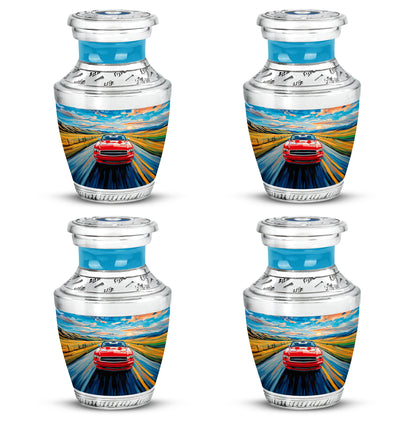 Steel Blue Car Cremation Urn back view with polished surface - stylized abstract car pattern with bold lines - 10 inch aluminum urn for cremated remains