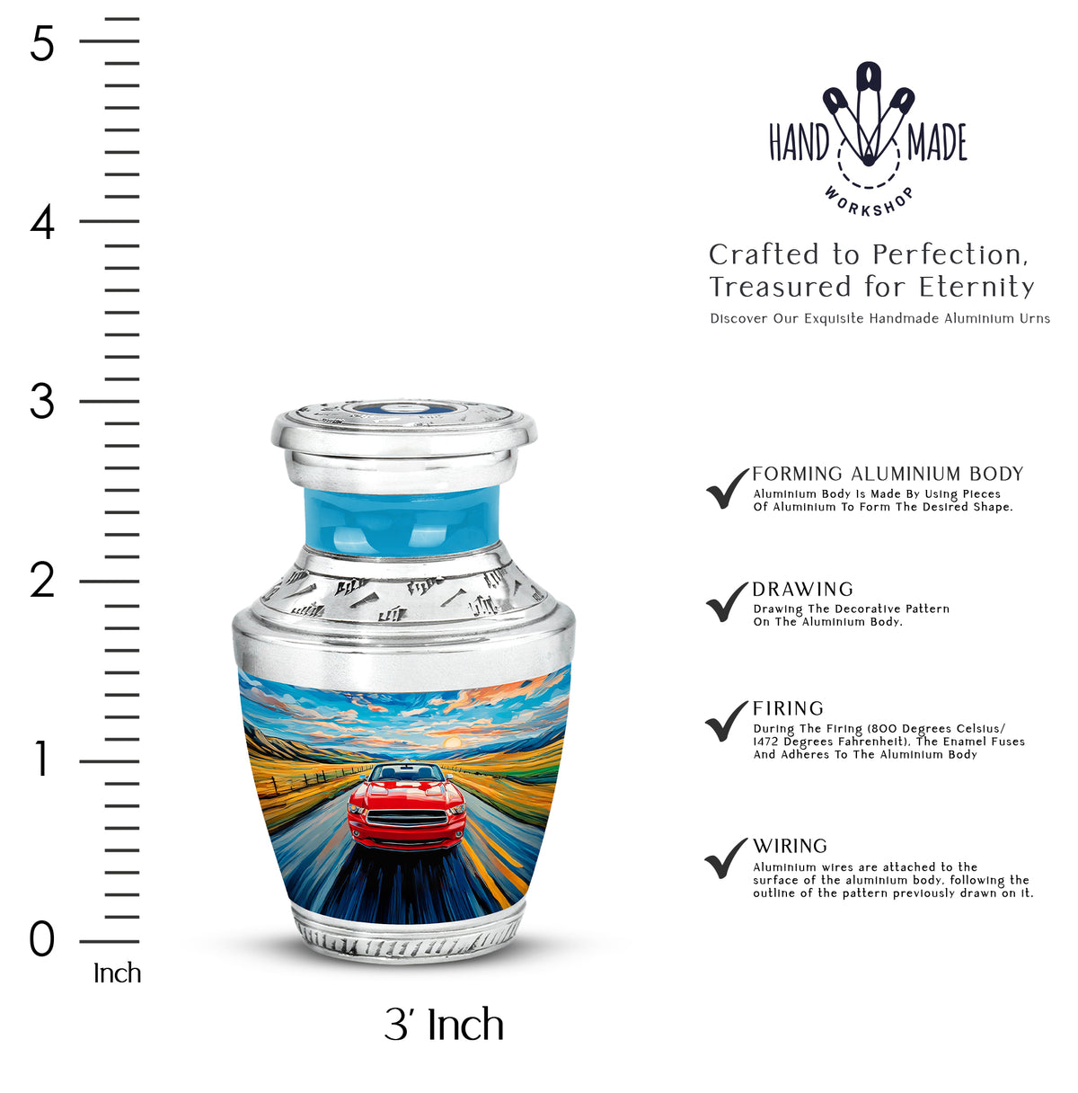 Calming Blue Car Cremation Urn top-down view of secure threaded lid - stylized abstract car pattern with bold lines - mini keepsake memorial for portion of cremation ashes
